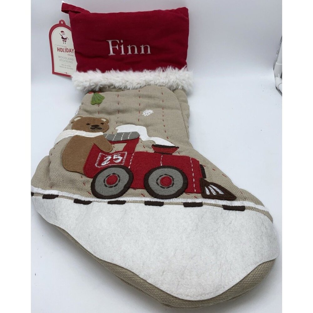 Pottery Barn Kids Finn Bear on Train Christmas Stocking Holiday Xmas Quilted